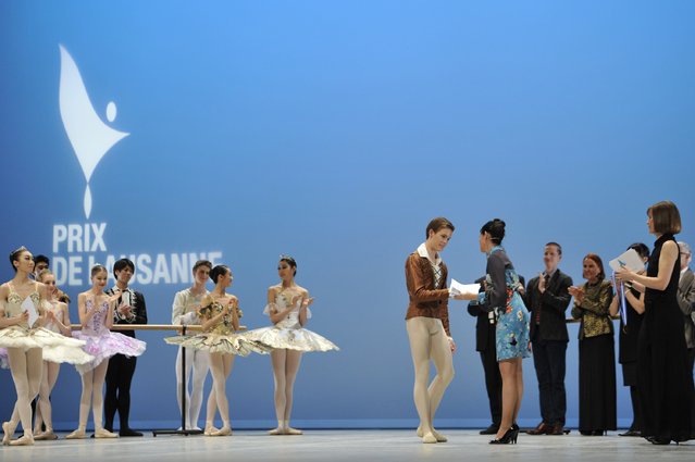 Harrison Lee of Australia from The McDonald College of Performng Arts, Syndey, Australia receives the first prize of the 2015 Prix de Lausanne during the 43rd International Ballet Competition 'Prix de Lausanne' on February 7, 2015 in Lausanne, Switzerland. (Photo by Harold Cunningham/Getty Images)