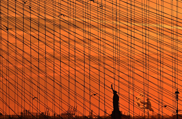 The Statue of Liberty is seen at sunset through the steel-wire suspension cables of the Brooklyn Bridge on February 17, 2021 in New York City. (Photo by Angela Weiss/AFP Photo)