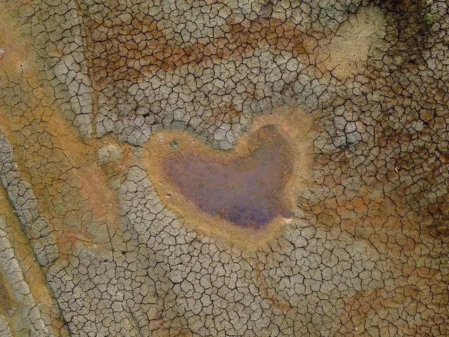Aerial view of a heart-shaped puddle at Puraquequara Lake in Manaus, Amazonas State, Brazil, taken on October 6, 2023. The riverside population has suffered from the lack of water caused by the severe drought in the north of the country. The drought has dried up the rivers and made it difficult to travel between cities in the state of Amazonas. Water consumption has also been affected. (Photo by Michael Dantas/AFP Photo)