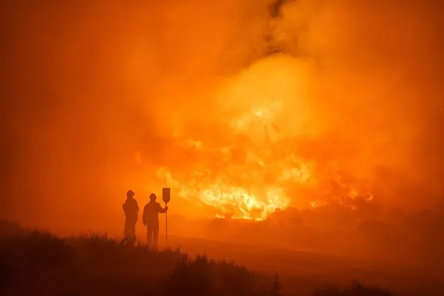 Firefighters operate at the site of a wildfire between Navalacruz and Riofrio near Avila, central Spain, on August 16, 2021. A thousand people were evacuated and more than 5,000 hectares burned from 11am, with flames spreading up over a 40-kilometer perimeter. Spain saw its highest temperature on record on Saturday as a heatwave on the Iberian peninsula drove the mercury to 47.4 degrees Celsius (117.3 Fahrenheit), according to provisional data from the state meteorological agency. (Photo by Cesar Manso/AFP Photo)