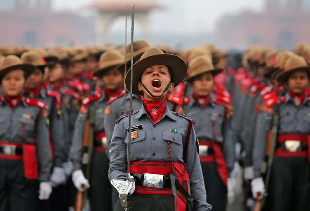An officer of Assam Rifles, a paramilitary force, shouts commands during the rehearsal for the Republic Day parade in New Delhi, January 15, 2019. (Photo by Amit Dave/Reuters)