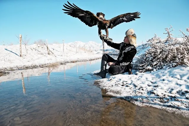 A hunter holds his tamed golden eagle during a traditional hunting contest near the village of Syrymbet in Almaty region, Kazakhstan, November 27, 2021. (Photo by Pavel Mikheyev/Reuters)