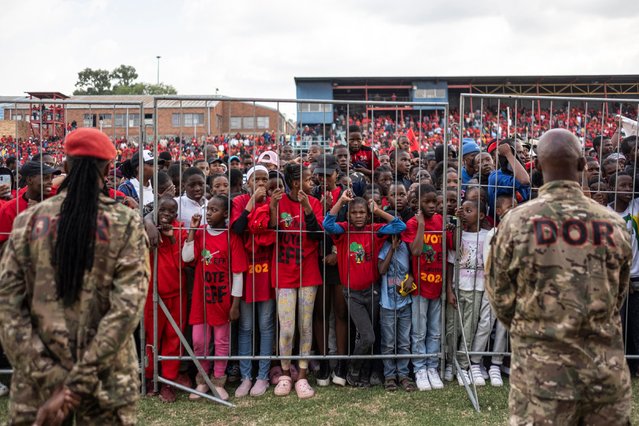 Supporters of opposition party, the Economic Freedom Fighters (EFF), gather during a campaign rally in Alexandra near Johannesburg, on April 27, 2024. (Photo by Emmanuel Croset/AFP Photo)