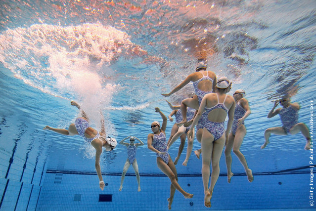 Japanese team trains before the 6th FINA Synchronised Swimming World Trophy at the Water Cube