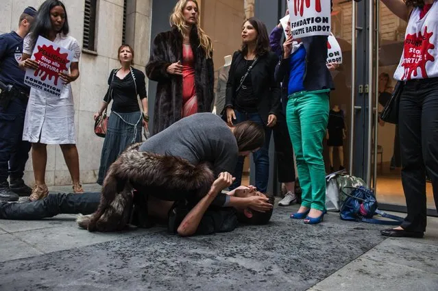 A demonstrator is helped by another activist after he fainted during a clash with the police in Paris, France, Wednesday, July 8, 2015. Animal rights activists staged a protest against designer Karl Lagerfeld's fur-only couture show for Fendi on Wednesday. (Photo by Kamil Zihnioglu/AP Photo)