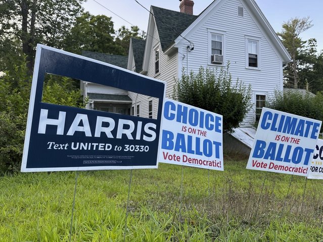 A campaign sign with President Joe Biden's name cut out stands in Northwood, N.H., Sunday, July 21, 2024. Homeowner Tom Chase, 79, said he removed Biden's name last week and was relieved and delighted that the president withdrew from his 2024 campaign and endorsed Vice President Kamala Harris. (Photo by Holly Ramer/AP Photo)