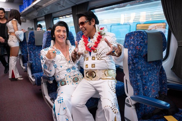 Elvis tribute artists onboard the Elvis Express train to Parkes NSW on April 21, 2022 in Sydney, Australia. The Parkes Elvis Festival is held annually over five days, usually timed to coincide with Elvis Presley's birth date in January, however the 2022 event was rescheduled to be held in April due to COVID-19 restrictions earlier in the year. (Photo by Wendell Teodoro/Getty Images)