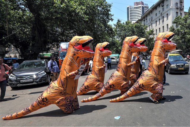 People for the Ethical Treatment of Animals (PETA) members dress in dinosaur costumes to make an appeal to the upcoming G20 working group to go vegan while holding signs saying: “Stop Eating to Extinction, Go Vegan”, in Mumbai, India on May 19, 2023. (Photo by Divyakant Solanki/EPA/EFE)