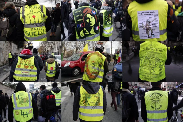In this combo of 6 images, yellow vest protesters take part of their 56th round demonstration in Paris, Saturday, December 7, 2019. A few thousand yellow vest protesters marched Saturday from the Finance Ministry building on the Seine River through southeast Paris, pushing their year-old demands for economic justice and adding the retirement reform to their list of grievances. (Photo by Francois Mori/AP Photo)