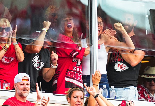 Recording artist Taylor Swift celebrates after a Kansas City Chiefs touchdown during the second half against the Cincinnati Bengals at GEHA Field at Arrowhead Stadium on September 15, 2024, in Kansas City, Mo. (Photo by USA TODAY Sports via Reuters)