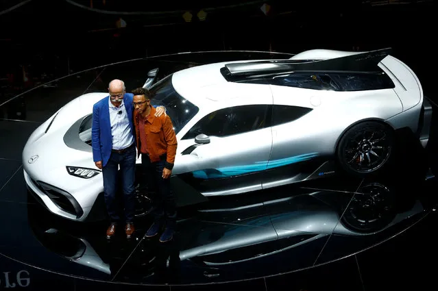 Mercedes CEO Dieter Zetsche and Formula One driver Lewis Hamilton pose during the opening of the Frankfurt Motor Show (IAA) in Frankfurt, Germany September 11, 2017. (Photo by Ralph Orlowski/Reuters)