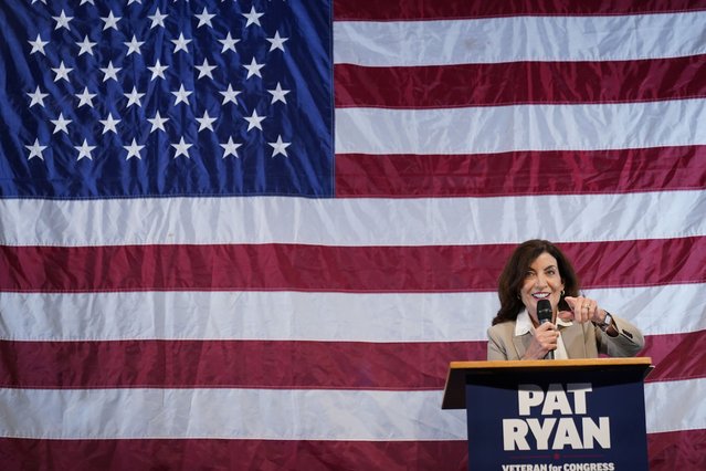 New York Gov. Kathy Hochul introduces Pat Ryan during a campaign rally for Ryan, Monday, August 22, 2022, in Kingston, N.Y. Ryan is facing Republican Marc Molinaro in Tuesday's special election for New York's 19th Congressional District. (Photo by Mary Altaffer/AP Photo)