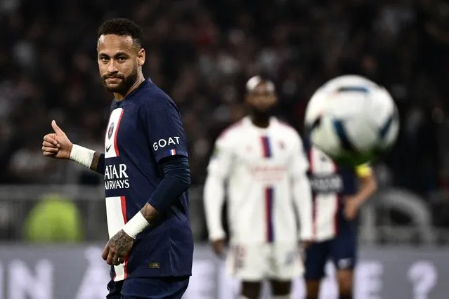Paris Saint-Germain's Brazilian forward Neymar reacts during the French L1 football match between Olympique Lyonnais (OL) and Paris Saint-Germain (PSG) at The Groupama Stadium in Decines-Charpieu, central-eastern France, on September 18, 2022. (Photo by Jeff Pachoud/AFP Photo)