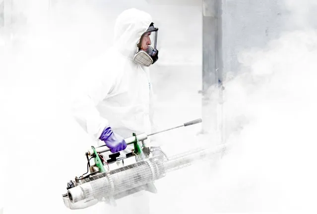 A municipal employee takes part in a fumigation operation against Aedes aegypti mosquito – the mosquito that can spread dengue fever – in San Jose, on July 2, 2020. (Photo by Ezequiel Becerra/AFP Photo)