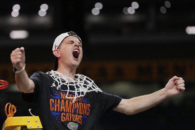 Florida head coach Todd Golden celebrates after Florida beat Houston in the national championship at the Final Four of the NCAA college basketball tournament, Monday, April 7, 2025, in San Antonio. (Photo by Eric Gay/AP Photo)