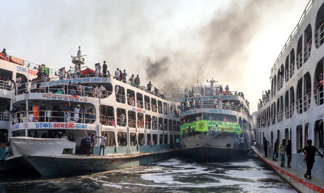 People onboard ships wait to travel to their villages ahead of Eid al-Fitr, at Sadarghat Launch Terminal in Dhaka, Bangladesh, 28 March 2025. Muslims around the world prepare to celebrate Eid al-Fitr, marking the end of Ramadan. (Photo by Monirul Alam/EPA/EFE)