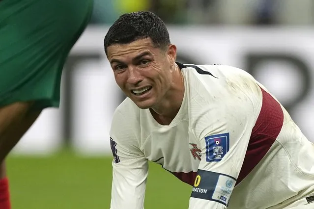 Portugal's Cristiano Ronaldo reacts after missing an opportunity to score during the World Cup quarterfinal soccer match between Morocco and Portugal, at Al Thumama Stadium in Doha, Qatar, Saturday, December 10, 2022. (Photo by Martin Meissner/AP Photo)