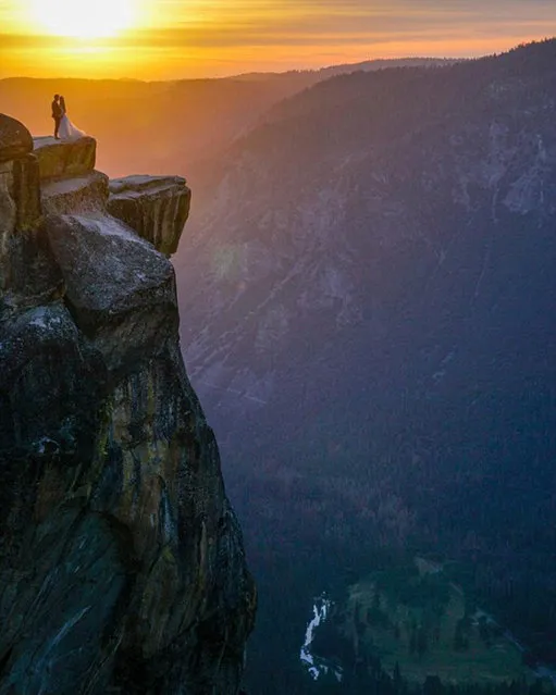 The mystery newlyweds caught in the background of an epic sunset photo in Yosemite National Park have been identified as Australian actors Catherine Mack and Rick Donald. The couple were posing for wedding photos on September 9, 2016, when Mike Karas hiking through the park caught them in the background of an epic sunset photo. (Photo by Mike Karas)