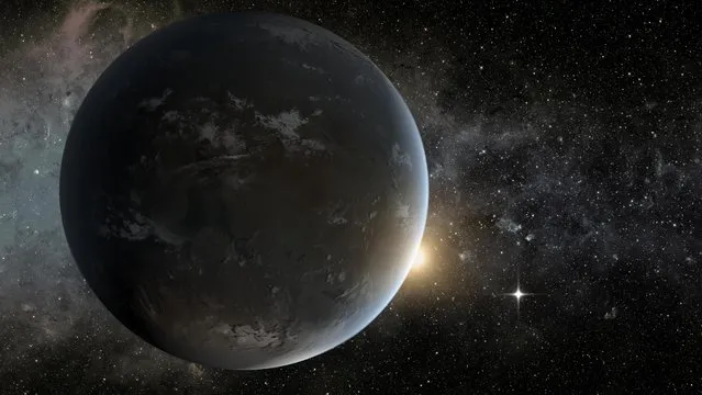 An artist’s impression of a sunrise on Kepler 62f. The two outer planet of the Kepler 62 system may lie in the habitable zone, where liquid water could exist on the surface. Last week, lost amidst the tragedy and drama unfolding in Boston, Mass., science reminded us once again of the infinite smallness of human events taking place here on planet Earth. Astronomers sifting through data collected by the Kepler Space Observatory – a telescope lofted into orbit in March 2009 with the mission of detecting Earth-like planets circling far-away suns – announced the discovery of two planets, both a bit bigger than our own, orbiting a star 1,200 light-years away in the northern constellation Lyra. If the scientists’ calculations are correct, both worlds are within their star’s habitable zone – the orbital area around a star where mathematical models predict water, in its liquid form, can be found. Since liquid water is the key ingredient for life as we know it here on Earth, these two worlds, part of a five-planet system now designated as Kepler 62, are the best candidates so far detected by science to possess complex life outside our own solar system. (Photo by NASA)