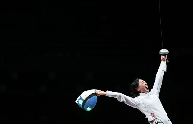 Sun Yiwen of China celebrates after winning the women's epee individual final match against Ana Maria Popescu of Romania at Tokyo 2020 Olympic Games in Tokyo, July 24, 2021. (Photo by Chine Nouvelle/SIPA Press/Rex Features/Shutterstock)