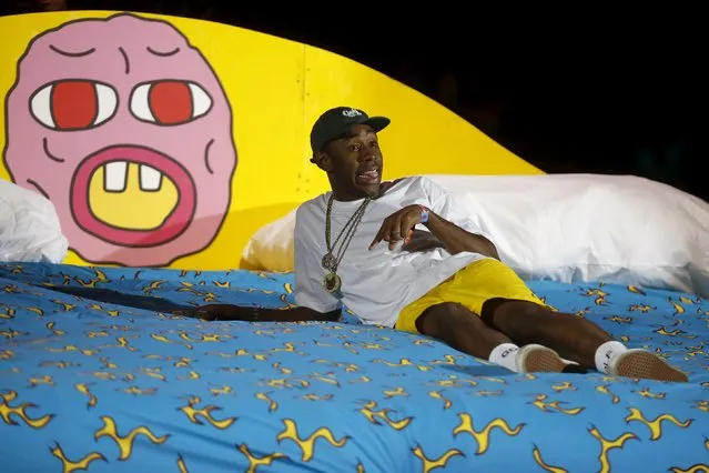 Tyler the Creator performs on a stage set giant bed at the Coachella Valley Music and Arts Festival in Indio, California April 11, 2015. (Photo by Lucy Nicholson/Reuters)