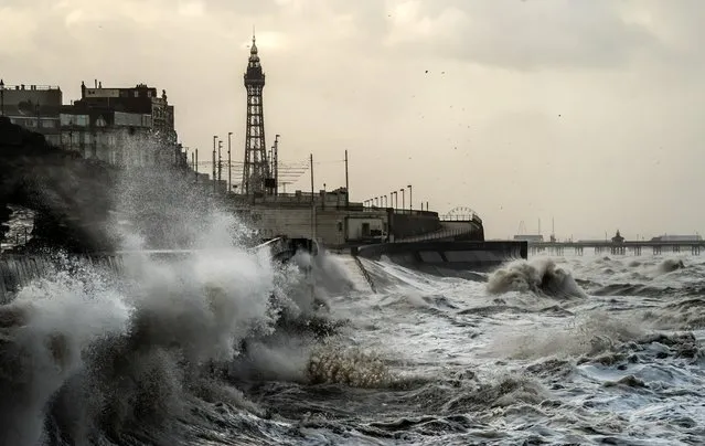 Waves break on the sea front in Blackpool on Monday, January 22, 2024. Thousands of people have been left without power as Storm Isha brought disruption to the electricity and transport networks across the UK. (Photo by Danny Lawson/PA Images via Getty Images)