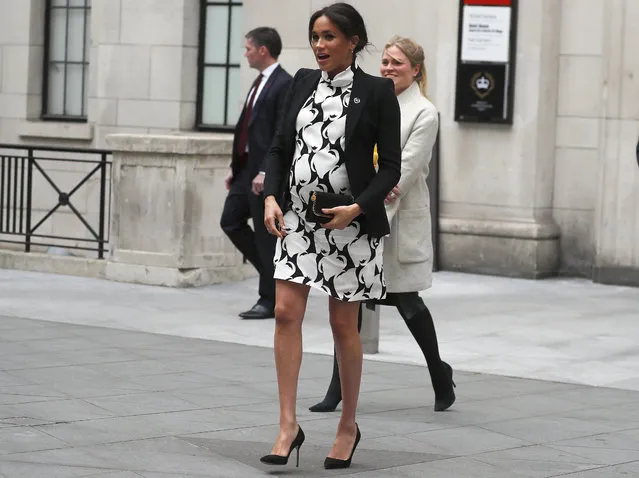 This March 8, 2019 file photo shows Britain's Meghan, the Duchess of Sussex, leaving King's College after joining a panel discussion to mark International Women's Day in London. With another royal baby on the horizon, the debate over postpartum perfection is alive and well. As it stands, we don’t know whether Meghan Markle will follow in the footsteps of Kate Middleton when it comes to that magical perfection, but we have an inkling she’ll at least slap on some makeup when she introduces the latest royal to the world next month. (Photo by Frank Augstein/AP Photo)