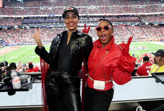 (L-R) Actress Aitana Rinab Perez and American singer-songwriter and rapper Janelle Monáe attend the Super Bowl LVIII Pregame at Allegiant Stadium on February 11, 2024 in Las Vegas, Nevada. (Photo by Kevin Mazur/Getty Images for Roc Nation)