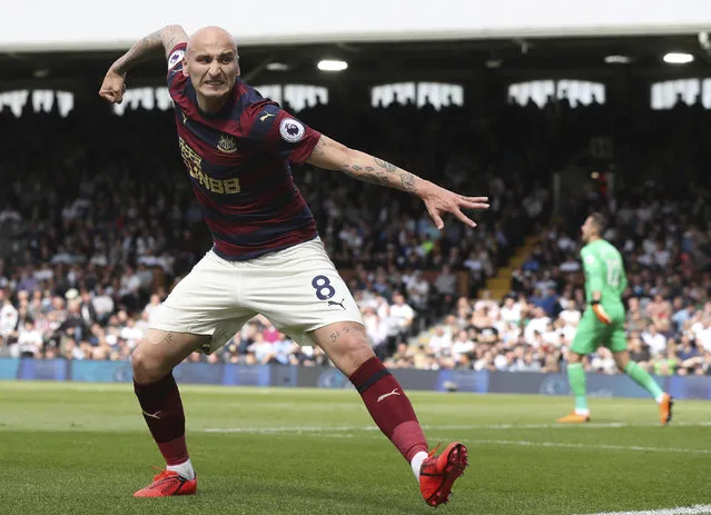 Newcastle United's Jonjo Shelvey celebrates scoring his side's opening goal during the English Premier League soccer match between Fulham and Newcastle United at the Craven Cottage stadium, London. Sunday May 12, 2019. (Photo by Jonathan Brady/PA Wire via AP Photo)