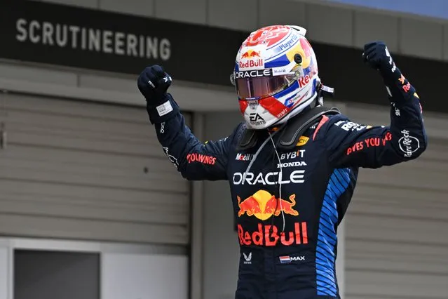 Red Bull Racing's Dutch driver Max Verstappen celebrates winning the Formula One Japanese Grand Prix race at the Suzuka circuit in Suzuka, Mie prefecture on April 7, 2024. (Photo by Philip Fong/AFP Photo)