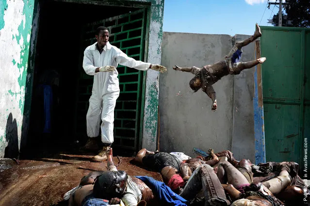 A man throwing the body of a dead child at the morgue of the general hospital, Port-au-Prince