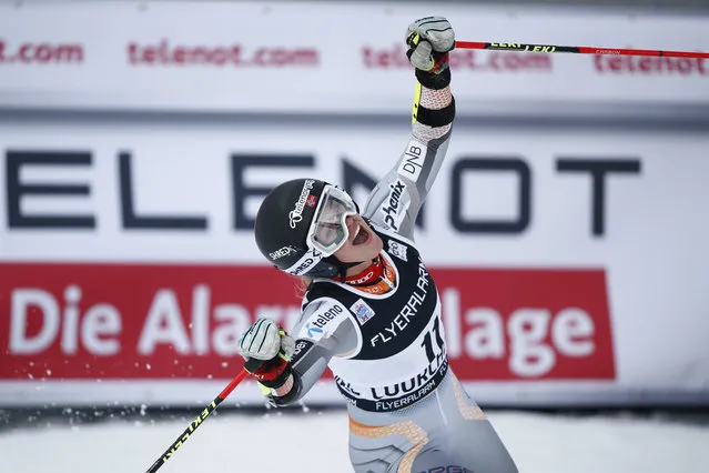 Norway's Mina Fuerst Holtmann celebrates in the finish area after taking the second place at an alpine ski, women's World Cup giant slalom in Courchevel, France, Tuesday, December 17, 2019. (Photo by Gabriele Facciotti/AP Photo)
