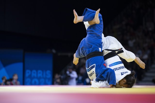 Cahide Eke (L) of Turkey in action against Akmaral Nautabek Kazakhstan during the Para Judo Women -48 kg J2 Semifinal in the Champ-de-Mars at the 2024 Paris Summer Paralympics Games in Paris, France, 05 September 2024. (Photo by Ennio Leanza/EPA/EFE)