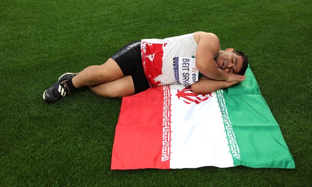 Sadegh Beit Sayah of Team Islamic Republic of Iran celebrates after setting a Paralympic record in the Men's Javelin-F41 Final on day ten of the Paris 2024 Summer Paralympic Games at Stade de France on September 07, 2024 in Paris, France. (Photo by Ezra Shaw/Getty Images)