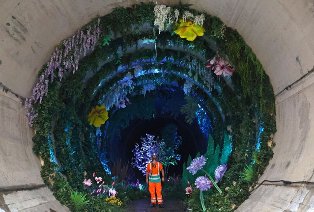 Engineer Jason Lyon poses as he views Loo Garden, a temporary subterranean garden designed to represent a future healthier River Thames, in a section of the Thames Tideway Tunnel – commonly known as the “Super Sewer” – a25 kilometre tunnel being built across London under and along the River Thames to deal with combined sewer overflows currently polluting the river, in London, Britain on June 29, 2023. (Photo by Toby Melville/Reuters)