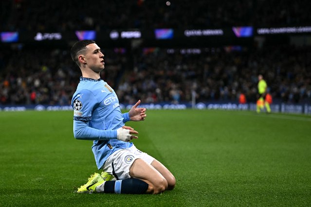 Manchester City's English midfielder #47 Phil Foden celebrates scoring the team's first goal during the UEFA Champions League football match between Manchester City and Sparta Prague at the Etihad Stadium in Manchester, north west England, on October 23, 2024. (Photo by Paul Ellis/AFP Photo)