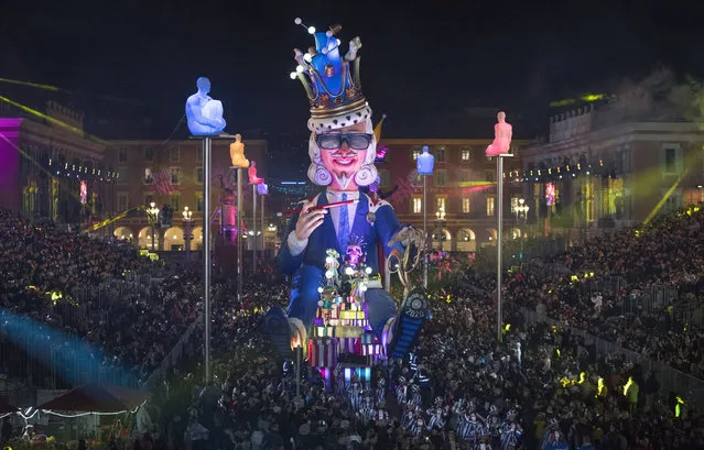 The “King of Fashion” float drifts through the corso parade of the 136th edition of the Nice carnival, Saturday, February 15, 2020, in Nice, southeastern France. The Carnival, running from Feb. 15 to 29, 2020, celebrates the “King of Fashion”. (Photo by Daniel Cole/AP Photo)