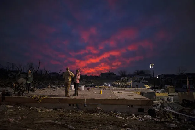 The sun sets behind the foundation of a home left after a tornado early Tuesday morning on March 4, 2020 in Cookeville, Tennessee. A tornado passed through the Nashville area early Tuesday morning which left Putnam County with 18 killed and 38 unaccounted for. (Photo by Brett Carlsen/Getty Images)