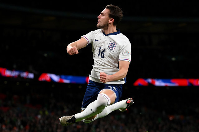 Taylor Harwood-Bellis of England celebrates scoring his team's fifth goal during the UEFA Nations League 2024/25 League B Group B2 match between England and Republic of Ireland at Wembley Stadium on November 17, 2024 in London, England. (Photo by Justin Setterfield – The FA/The FA via Getty Images)