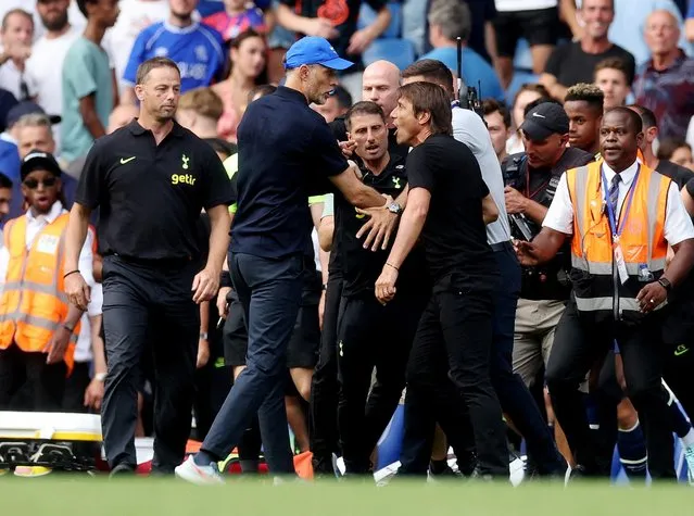 Chelsea manager Thomas Tuchel clashes with Tottenham Hotspur manager Antonio Conte at full-time following the Premier League match between Chelsea FC and Tottenham Hotspur at Stamford Bridge on August 14, 2022 in London, England. (Photo by Paul Childs/Action Images via Reuters)