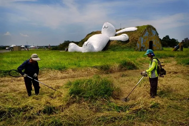 Landscapers trim grass in front of Dutch artist Florentijn Hofman's 25-meter (82-foot) white rabbit, as it leans up against an old aircraft hangar as part of the Taoyuan Land Art Festival in Taoyuan, Taiwan, Tuesday, September 2, 2014. (Photo by Wally Santana/AP Photo)