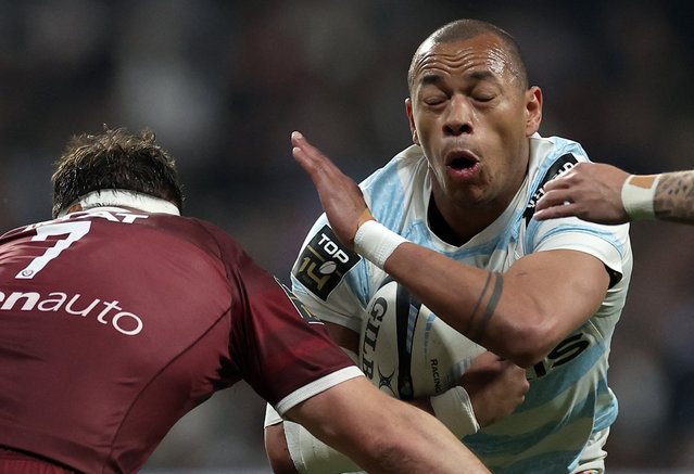Racing92's French centre Gael Fickou attempts to break away during the French Top14 rugby union match between Racing 92 and Union Bordeaux-Begles (UBB) at the Paris La Defense Arena in Nanterre, on the outskirts of Paris on March 30, 2025. (Photo by Franck Fife/AFP Photo)