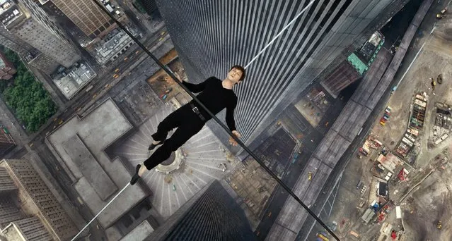 In this image released by Sony Pictures, Joseph Gordon-Levitt portrays Philippe Petite in a scene from, “The Walk”. (Photo by Sony Pictures via AP Photo)