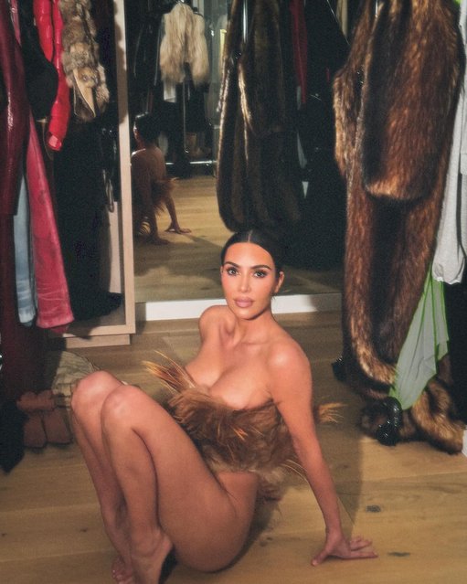 American media personality and socialite Kim Kardashian shares early April 2025 a pant-less furry fitting snap. (Photo by kimkardashian/Instagram)