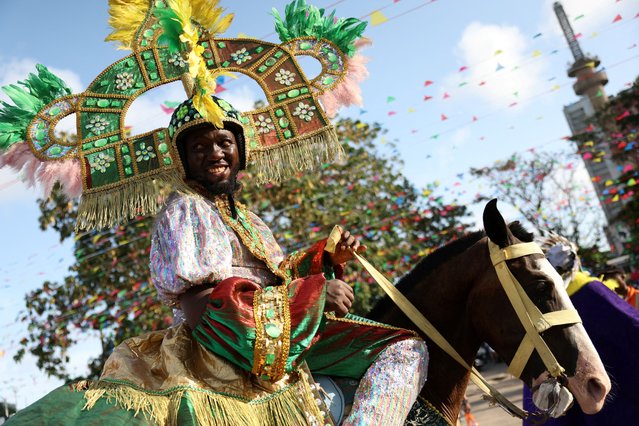 A person takes part in the Lagos Fanti Carnival to celebrate the Afro-Brazilian colours and rhythm, to bring into memory the descendants of formerly enslaved Africans, in Marina, Lagos Island, Nigeria, on April 20, 2025. (Photo by Sodiq Adelakun/Reuters)