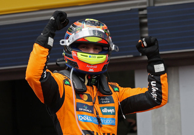 Oscar Piastri of the McLaren F1 Team celebrates on the podium during the race of the Belgian GP, the 15th round of the Formula 1 World Championship, at Spa-Francorchamps Circuit in Malmedy, Wallonia, Belgium, on July 27, 2025. (Photo by Yves Herman/Reuters)
