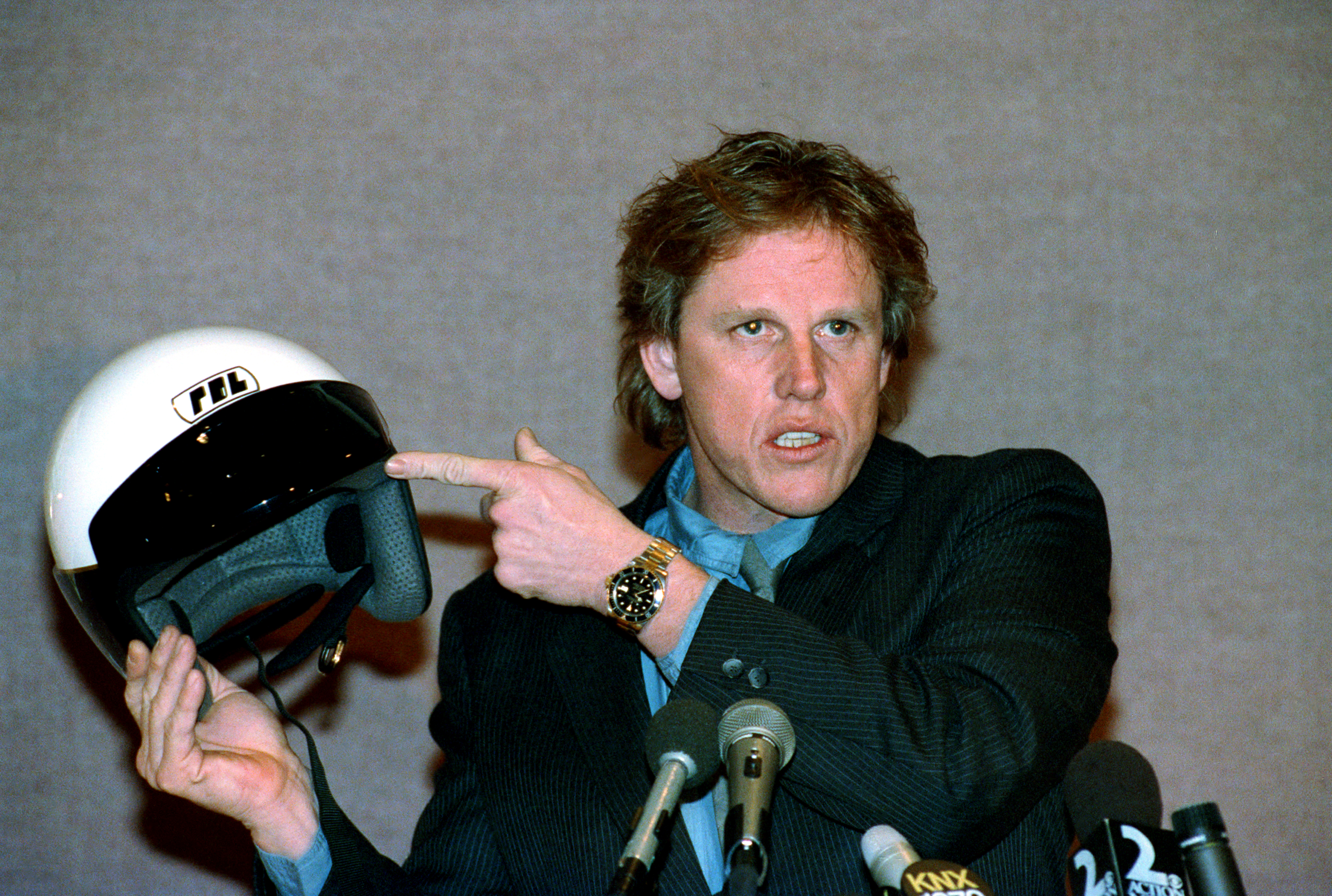 Actor Gary Busey lends his support to the use of motorcycle helmets and the...