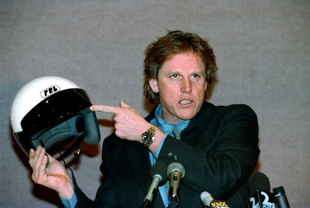 Actor Gary Busey lends his support to the use of motorcycle helmets and the California law during a news conference in Los Angeles, Ca., Friday, December 13, 1991. The law, that requires all cyclists to wear protective headgear, will take effect Jan. 1.  Busey, who had a near-fatal motorcycle accident in 1988 when he wasn't wearing a helmet, was initially against a mandatory law. (Photo by Nick Ut/AP Photo)