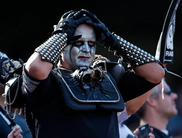 A Raiders fan reacts after a play against the San Diego Chargers during the second half of their NFL game at the Oakland-Alameda County Coliseum in Oakland, California, USA, 09 October 2016. (Photo by John G. Mabanglo/EPA)