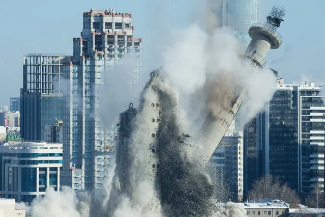 The unfinished and abandoned TV tower collapses during a controlled demolition in Yekaterinburg, Russia March 24, 2018. (Photo by Alexei Kolchin/Reuters)